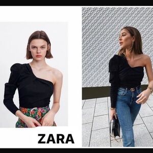 Zara Black One-Shoulder Asymmetrical Linen blend Top Pleated Stretch size XS NWT